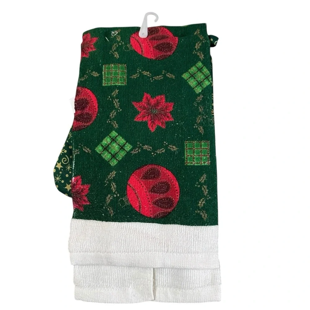 VTG Sultans Linens‎ Cotton Christmas Poinsettias Green Kitchen Towel Oven Mitt